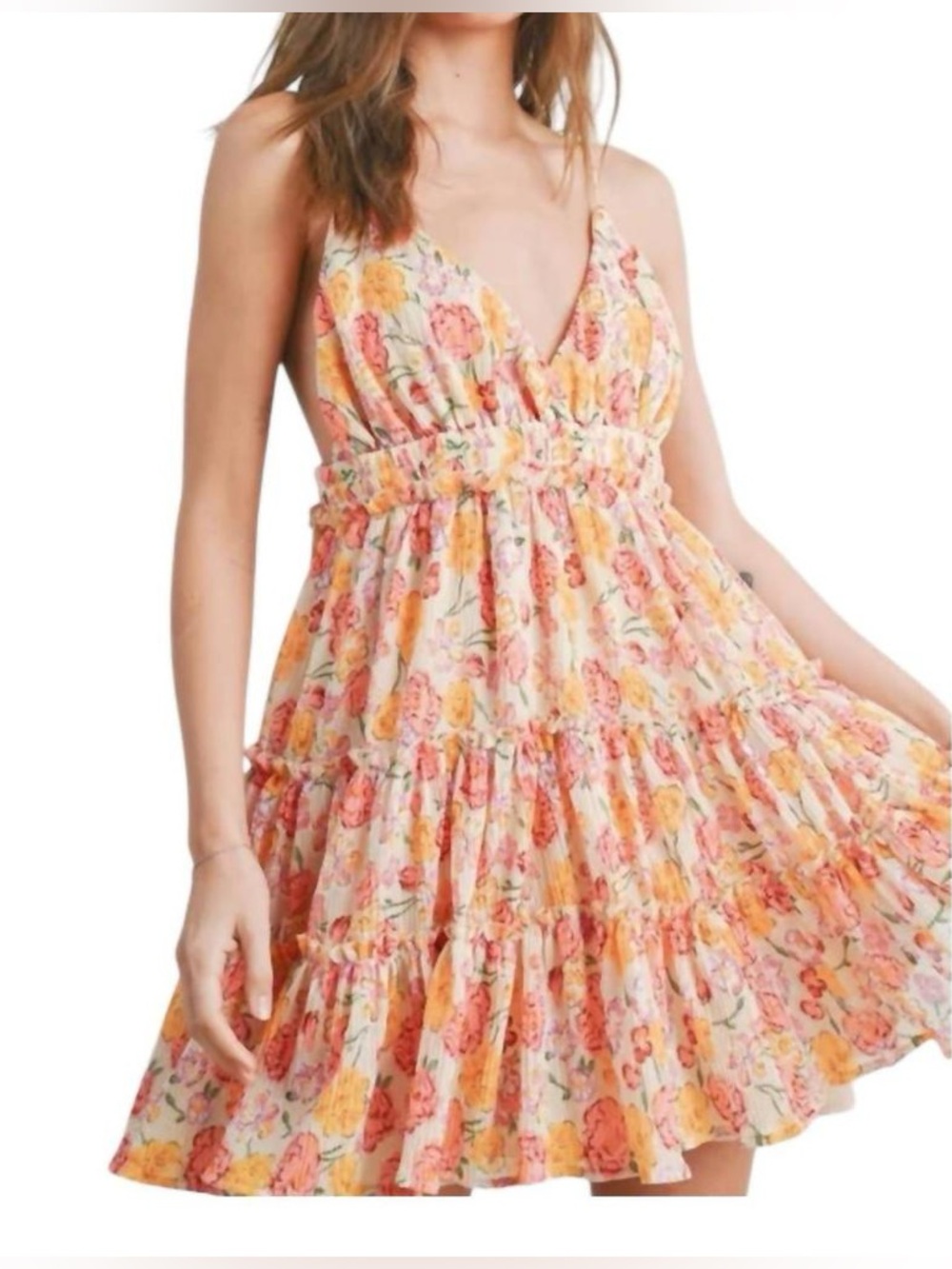 Floral Tiered Mini Dress in Peach